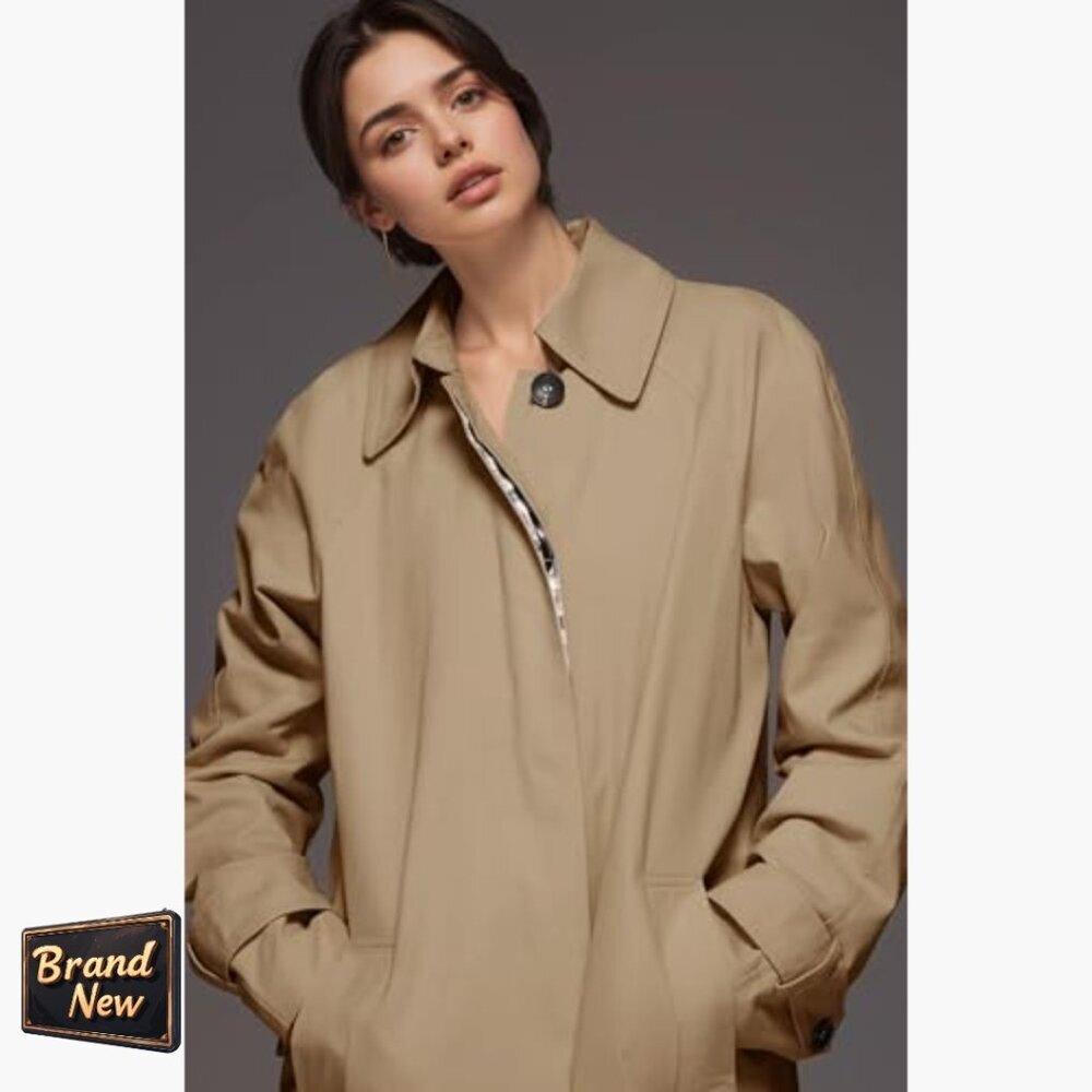 Oversized Long Trench Coat Single Breasted Windproof Plaid Lined Outerwear - Picture 4 of 7